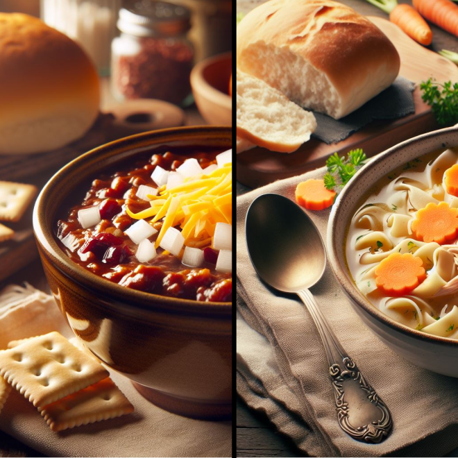 Bowls of delicious looking chili and chicken noodle soup set on a table with bread